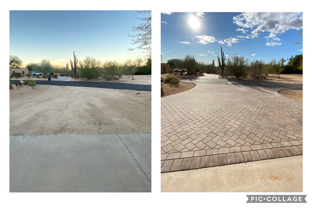 Before and after — a dirt driveway transformed into a paver driveway